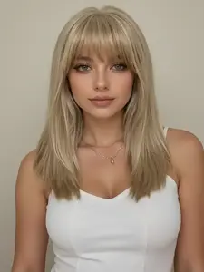 Fashionable New 16 Inch Long Straight Blonde Wigs with Bangs, Synthetic Women's Wigs Suitable for Daily Use, Parties or Christmas Cosplay Taking Photos