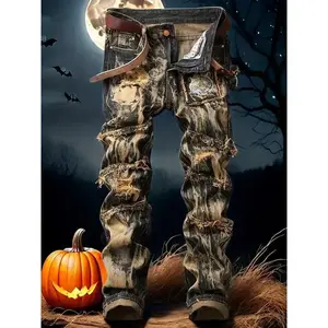 Men’s loose-fit retro pleated jeans — straight cut, faded denim, whiskey wash — fashionable and avant-garde