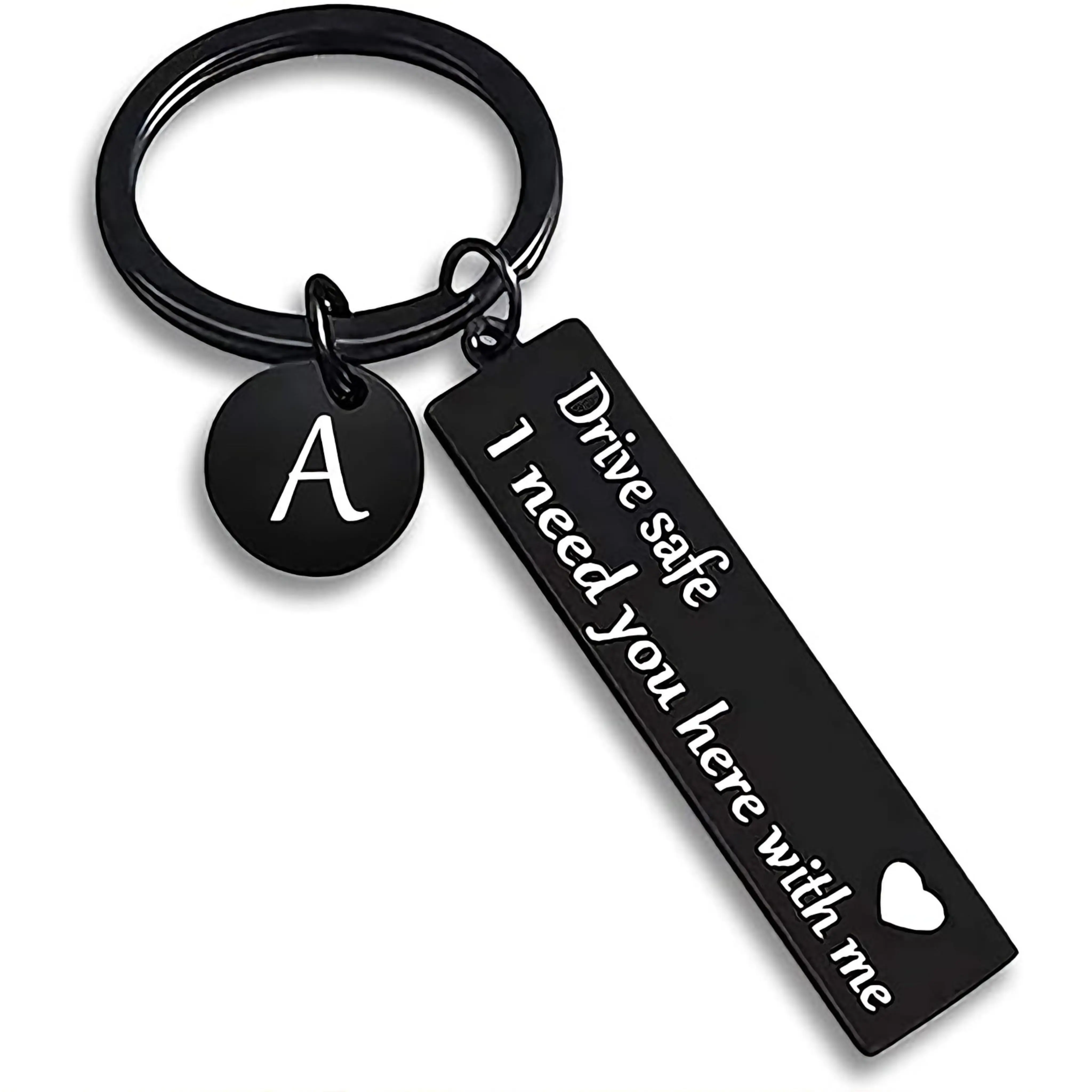 Drive Safe Gift Keychain for Boyfriend, Stainless Steel Personalized Letter Keychain A-Z, Romantic Birthday Gift for Men