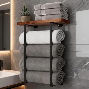 Bathroom Towel Rack with Wooden Shelf, Simple Design, Holds Various Sizes of Towels, Bathroom Accessories Organizer, Ideal for Spas and Small Bathrooms