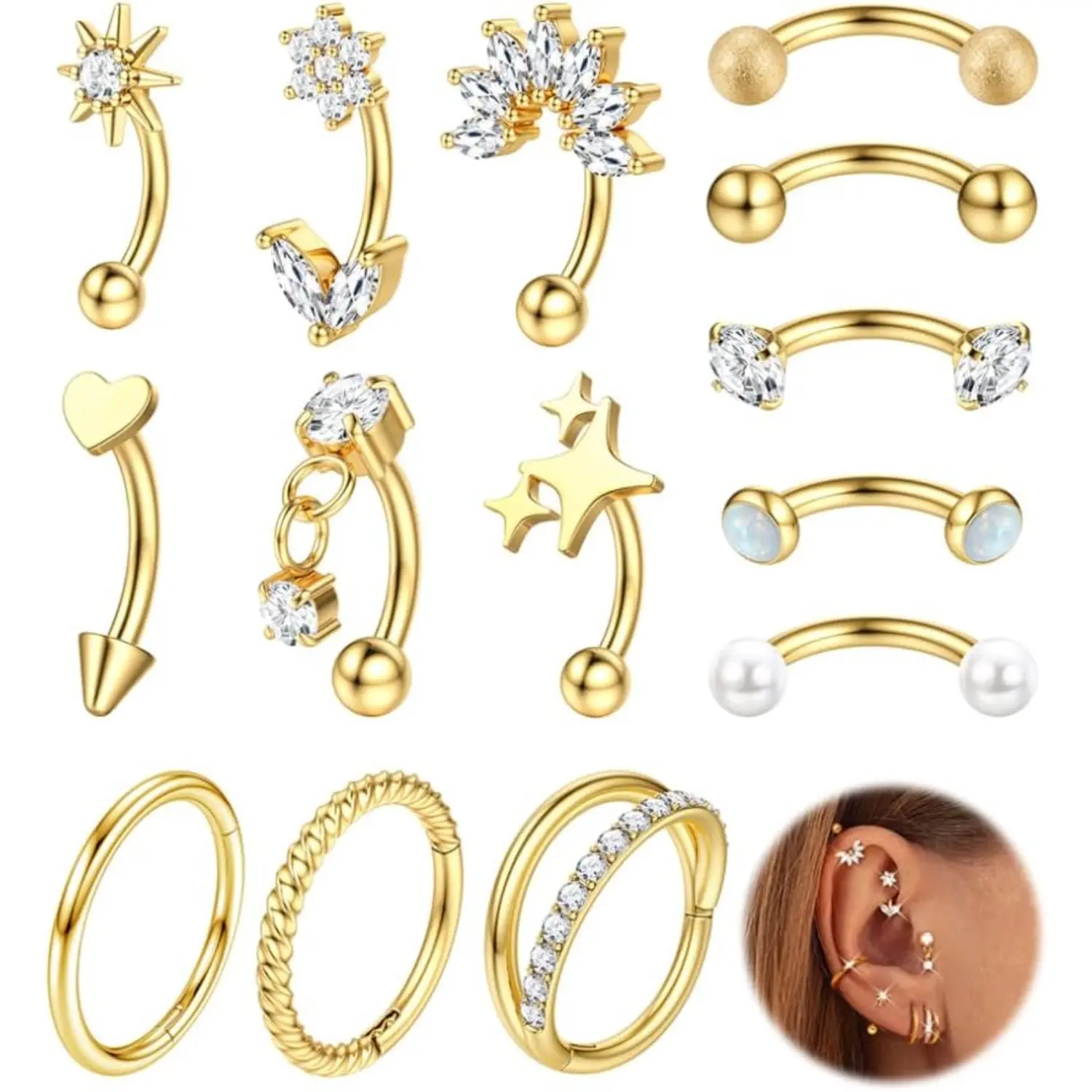 FIASASO 16g Surgical Steel Body Jewelry Set (14Pcs) - Unisex Curved Barbell, Hoop Earrings, Cubic Zirconia Inlays, Snake Eyes, Eyebrow Ring for Rook, Daith, Tragus, Cartilage, Vertical Labret Lip Piercings
