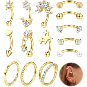 FIASASO 16g Rook Piercing Jewelry Surgical Steel Vertical Labret Lip Jewelry Gold Eyebrow Piercing Rook Daith Earrings for Women Cartilage Curved Barbell Daith Tragus Piercing Jewelry 14Pcs