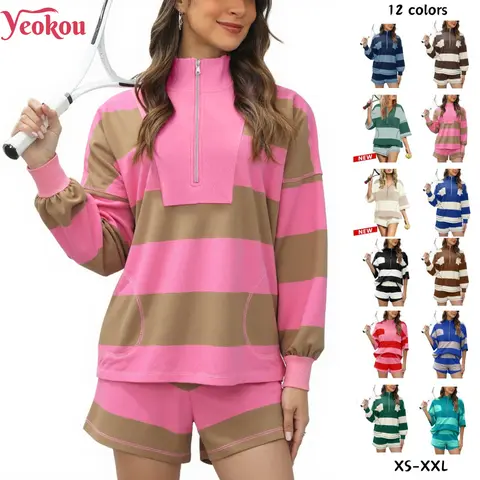 Yeokou Women's 2-Piece Cotton Lounge Set - Striped Quarter-Zip Long Sleeve, Short Sleeve Tee & Shorts, Athletic Sports Clothing Matching Set for Summer-Autumn Casual Workout Yoga