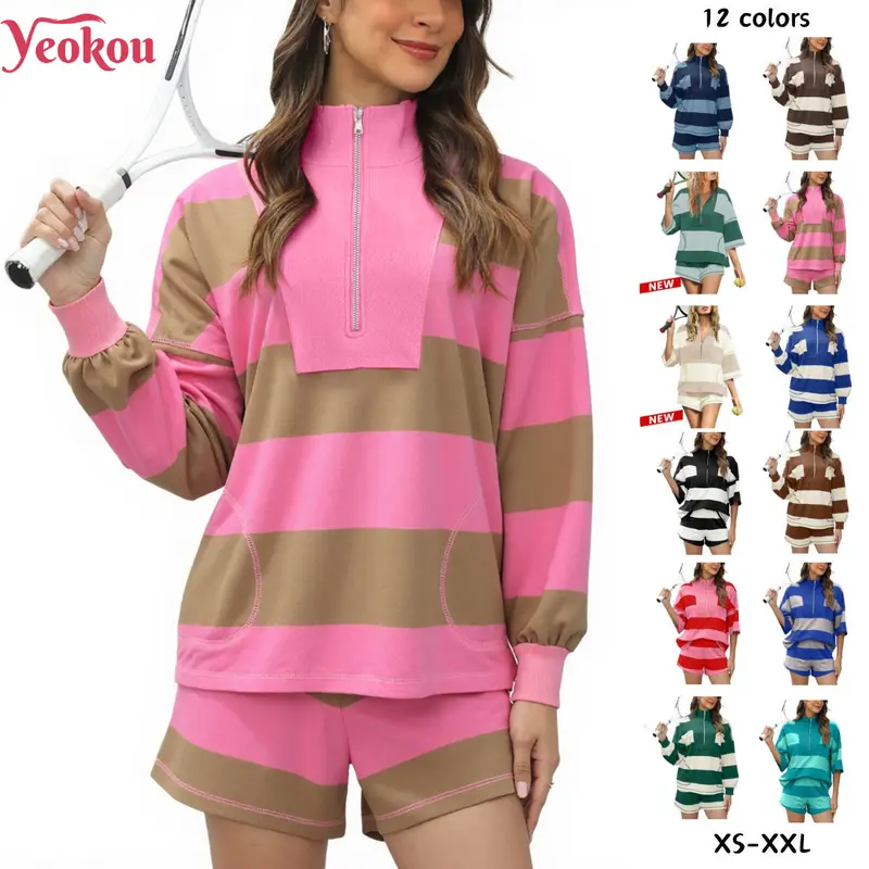 Yeokou Women's 2-Piece Cotton Lounge Set - Striped Quarter-Zip Long Sleeve, Short Sleeve Tee & Shorts, Athletic Sports Clothing Matching Set for Summer-Autumn Casual Workout Yoga