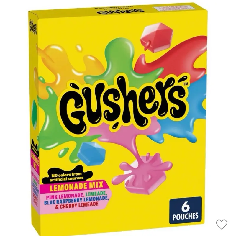 New Gushers Lemonade Mix Pink Lemonade, Limeade, Blue Raspberry Lemonade, & Cherry Limeade- 1 Box 6 Pouches