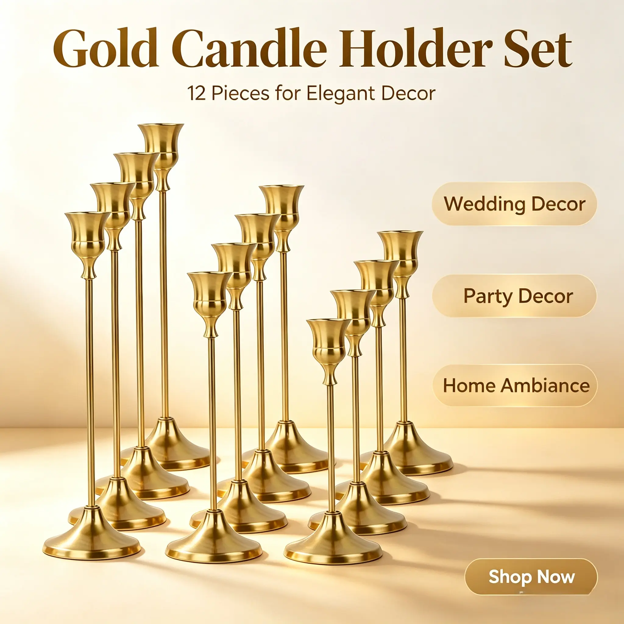 Sturdy Tapered Gold-Toned Aluminum Metal Cone Candle Holders - Set of 3 (12-Piece Total), Modern Vintage Table Decor Centerpiece, Mantel/Fireplace Accent, Ideal Gift for Christmas Weddings