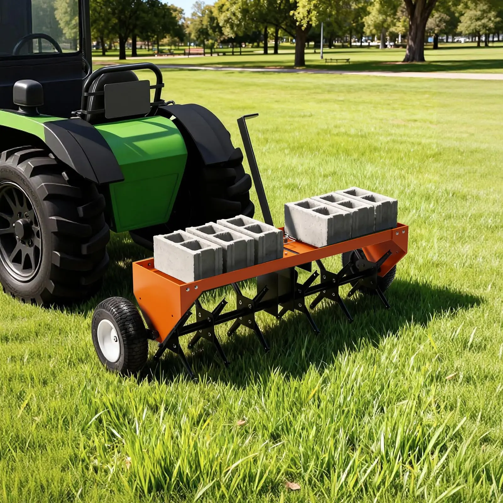 48/40-Inch Tow Behind Lawn Plug Aerator with Gloves and Universal Hitch, 100LBS Tray Yard Aerator with 10" Inflatable Tires, Universal Hitch Aerator Lawn Tool Tow Behind for Lawn Farm Landscape Maintenance