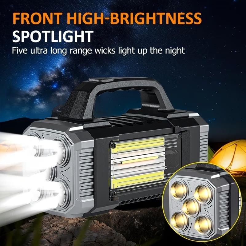 Outdoor COB flashlight, high-brightness and high-lumen rechargeable outdoor spotlight with dual front and rear lights, long-range solar flashlight, suitable for camping, emergencies, hunting and work lighting: protective function Type-C charging