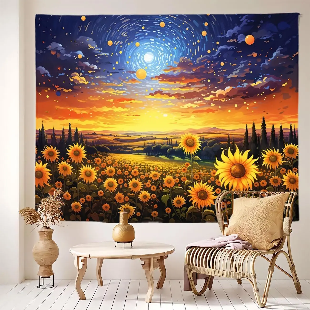 Sunflower Starry Tapestry for Bedroom Aesthetic Decor Wall Hanging Home Dorm