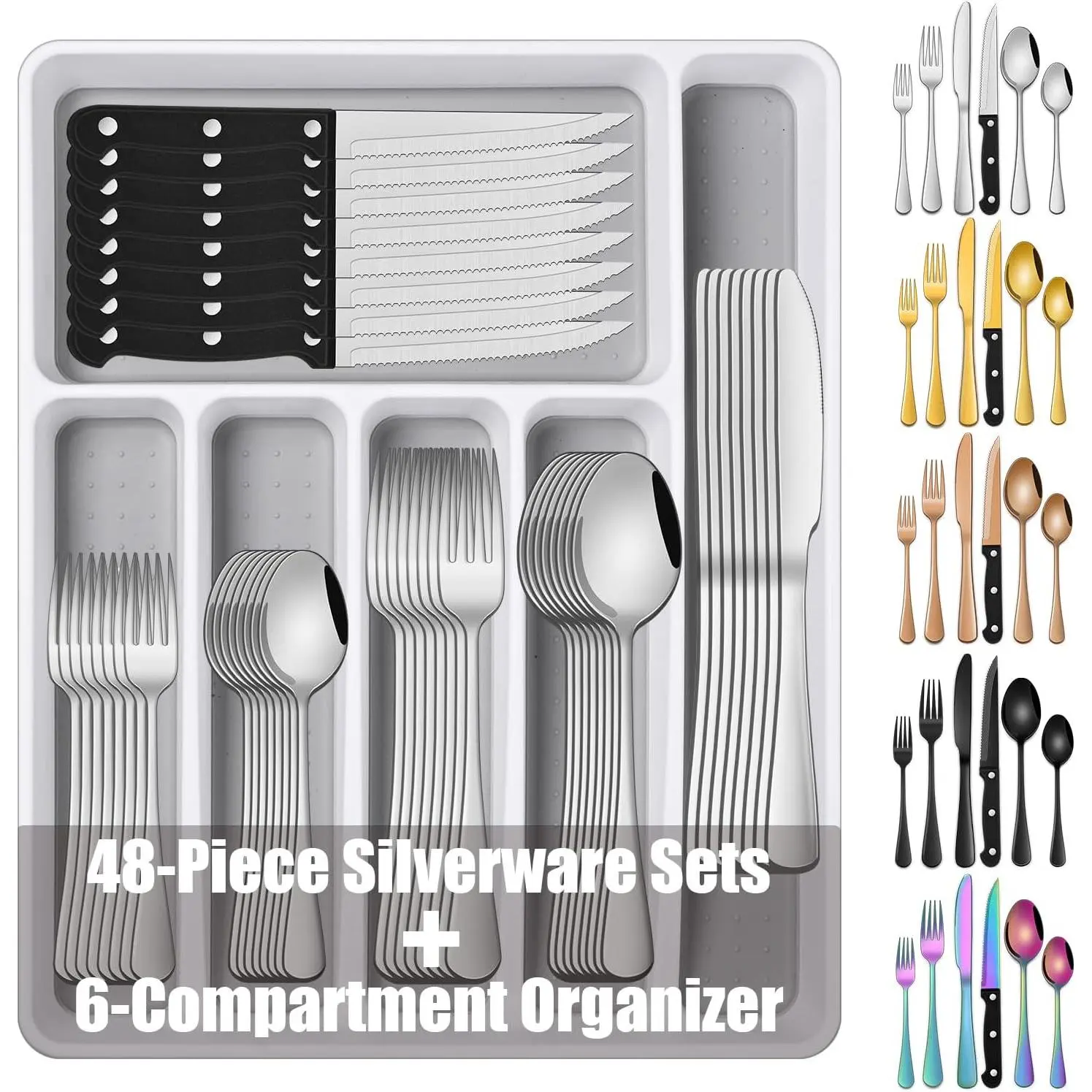 49 Pieces Silverware Sets With Organizer And Steak Knives,Stainless Steel Flatware Sets Service For 8 Person For Home Kitchen,Tableware Cutlery Sets,Includes Knife Spoon and Forks Sets