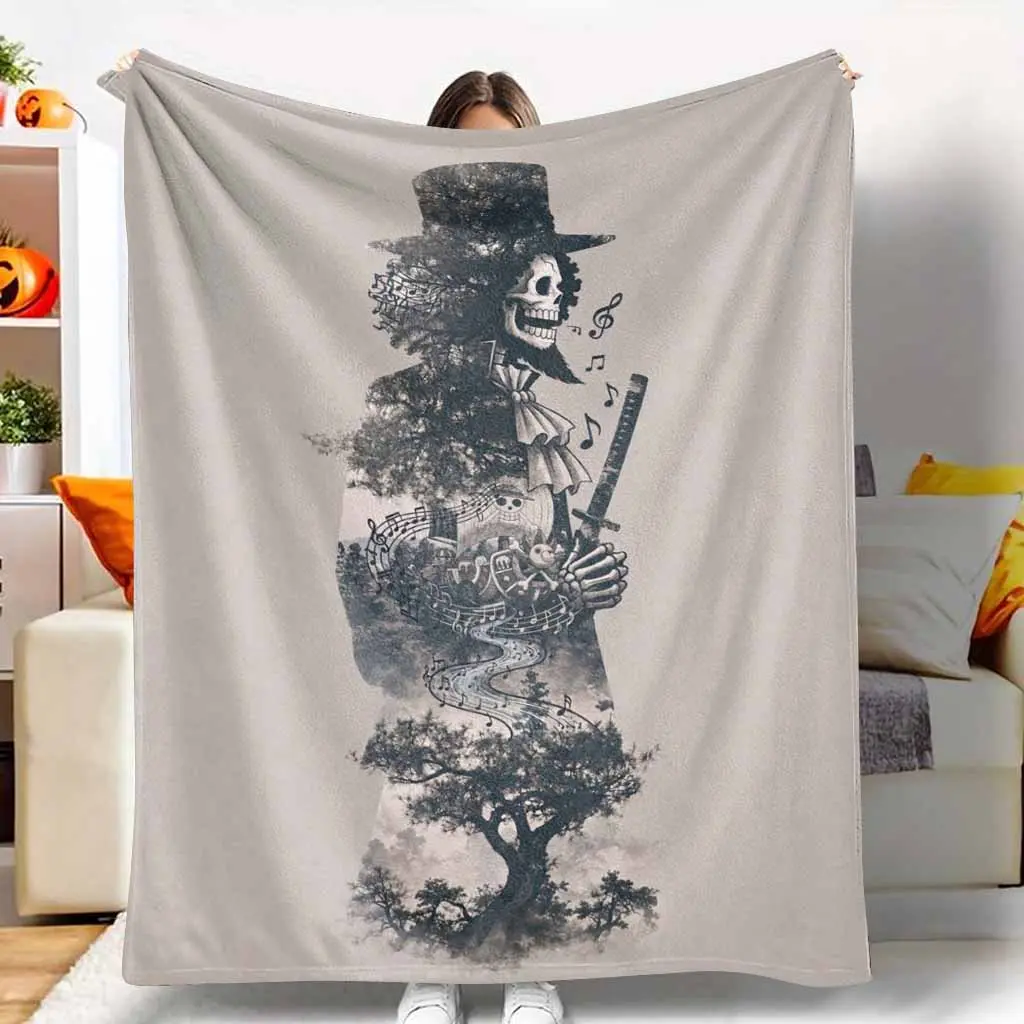 Skull Musician Flannel Blanket Artistic Anime Silhouette Print Super Soft Plush Lightweight Warm Throw Perfect For Cozy Bedroom Living Room Couch Sofa Decor Or Unique Birthday Gift Choice