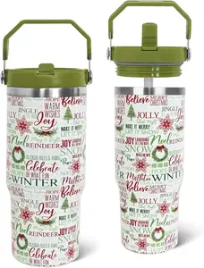 Christmas Tumbler with Handle and Straw Green Xmas Trees Joy Snowflakes Tumbler Insulated Stainless Steel Cups Xmas Coffee Travel Mug Winter Merry Christmas Gifts Decor-30 OZ