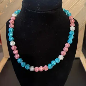 Rhinestone beaded necklace teal , light pink and white