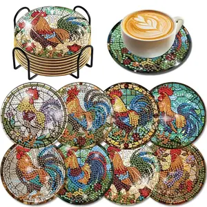 8 Piece Chicken Pattern Diamond Painting Coaster Set with Stand, Coffee Table Mat, Household Placemat, DIY Art Craft Kit for Beginners, Elegant Home Decor Gift