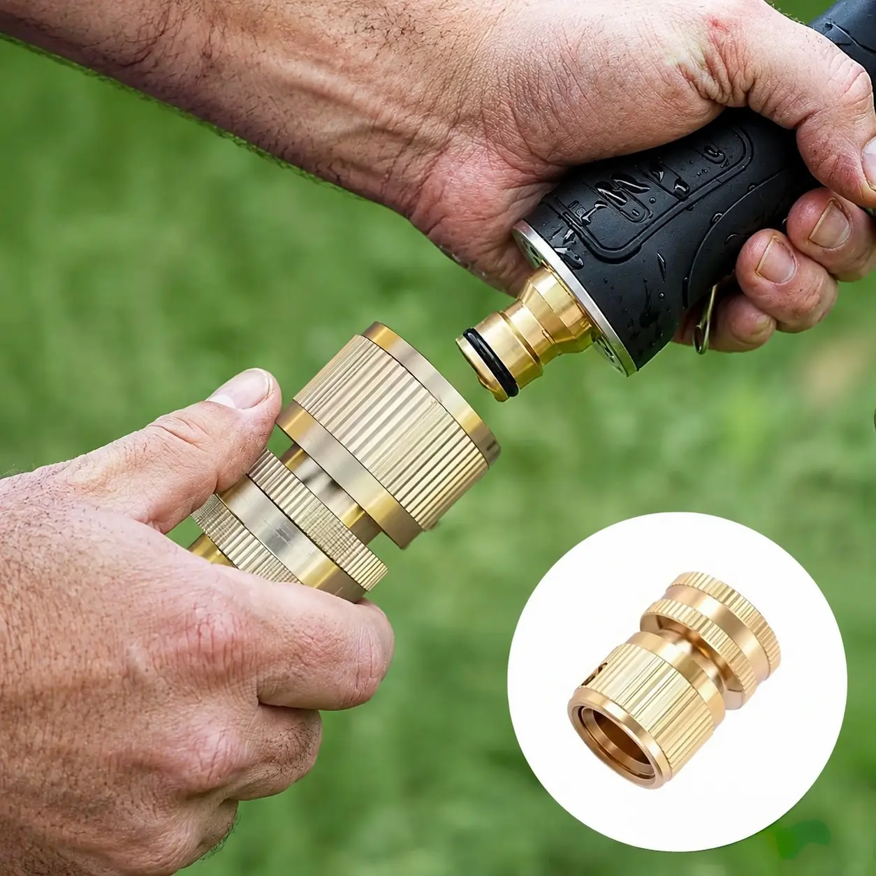Garden Hose Quick Connector, Solid Brass 3/4 Inch GHT Thread Fitting (NO Sprayer), No-Leak Water Hose Female Adapter (No Male), Garden Hose Connectors
