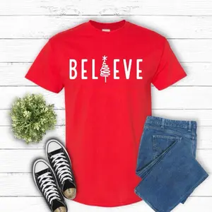 Believe Christmas Tree T-Shirt for Women - Red Short Sleeve Lady Top - Womenswear Tshirt christmas shirt