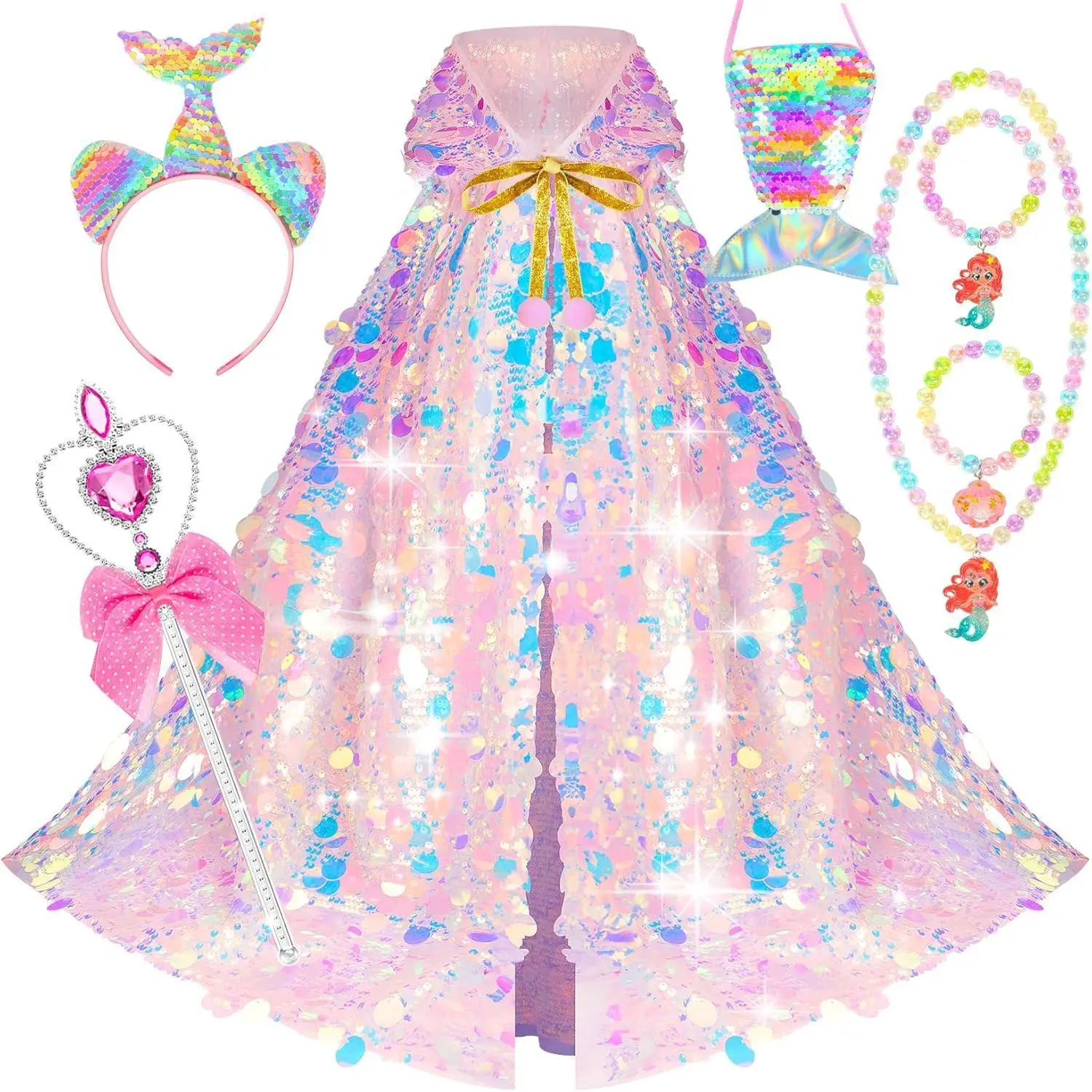 Z-MTS21 Mermaid Pretend Play Sets for Girls - Princess Dress Up Cloak Gift Set for 3-8 Years Old, Ideal Birthday Christmas Gift, Princess Dress Up Set