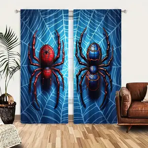 2pcs Window Curtains, Two ornate spiders on a blue spiderweb background. One is red with a Spiderman symbol, the other is blue and gold. Room Decor Curtain, Window Drapes for Bedroom Living Room, Rod Pocket Window Treatment