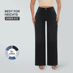 Magic SHAPUM Mid Waist BBL Jeans for Women Wide Leg Loose Fit Comfortable Stretchy Denim Pants BLACK B Stretch Denim Tights leg baggy jean