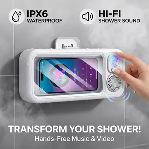 Hands-Free Shower Phone Holder, Waterproof 480° Rotation Wall Mount with Built-in Wireless Speaker, Multi-Angle View Stand for Bathroom Daily Use