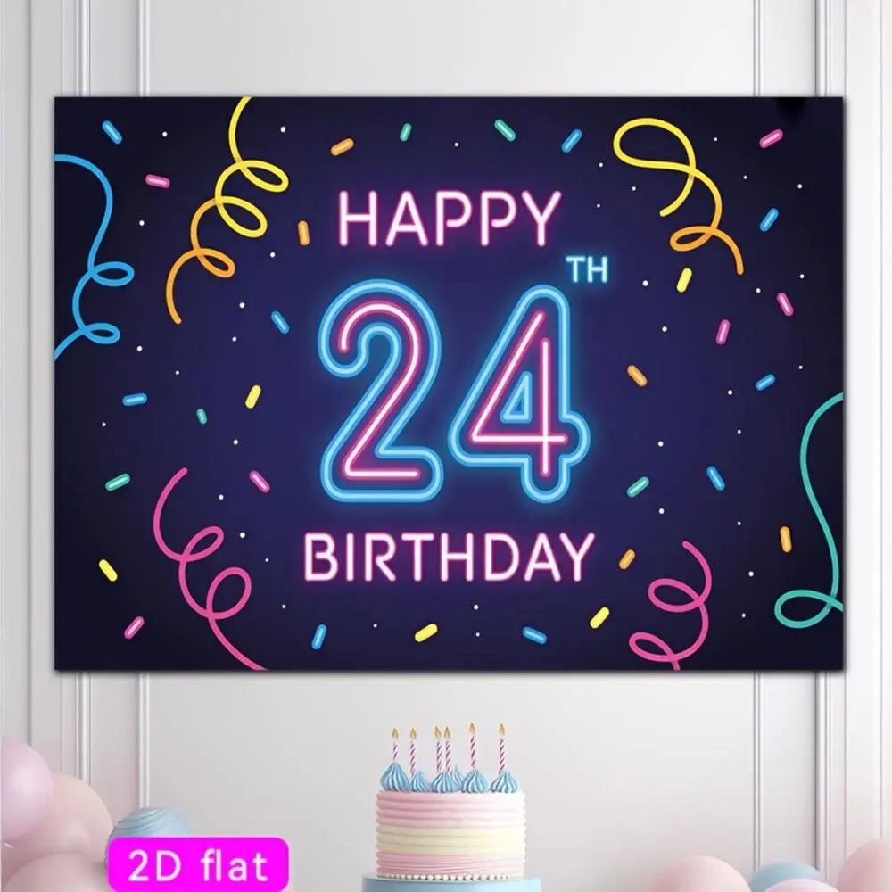 2D Flat Polyester Photography Backdrop Banner - HD Digitally Printed Neon Happy 24th Birthday Background Cloth with Colorful Confetti Streamers, Soft Lightweight Foldable Machine Washable Photo Booth Prop for Birthday Parties, All Seasons, Happy Birthday,