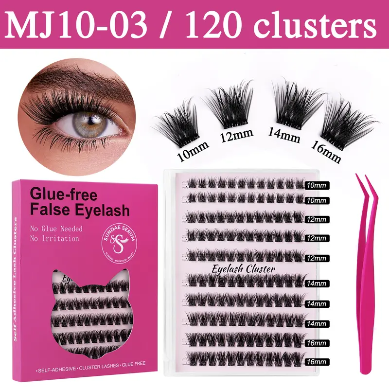 Reusable Soft Glue-Free Pre-Bonded Faux Mink Lash Cluster Kit, 120 Pcs Wispy C-Curl 10-16mm Mixed Lengths with Tweezers & Self-Adhesive Strips for Easy DIY Natural Look Cosmetic Makeup Press-On Eyelash Extensions