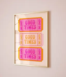 good times ticket funky retro wall art print trendy poster aesthetic room decor, pink orange wall art preppy dorm room decor bar cart art