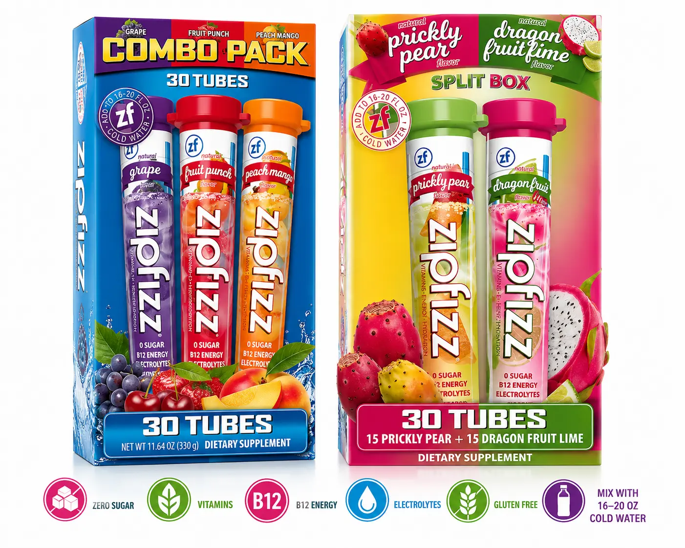Zipfizz Vitamins Energy Hydration Drink Mix, Zero Sugar, 30 Single-Serving Tubes