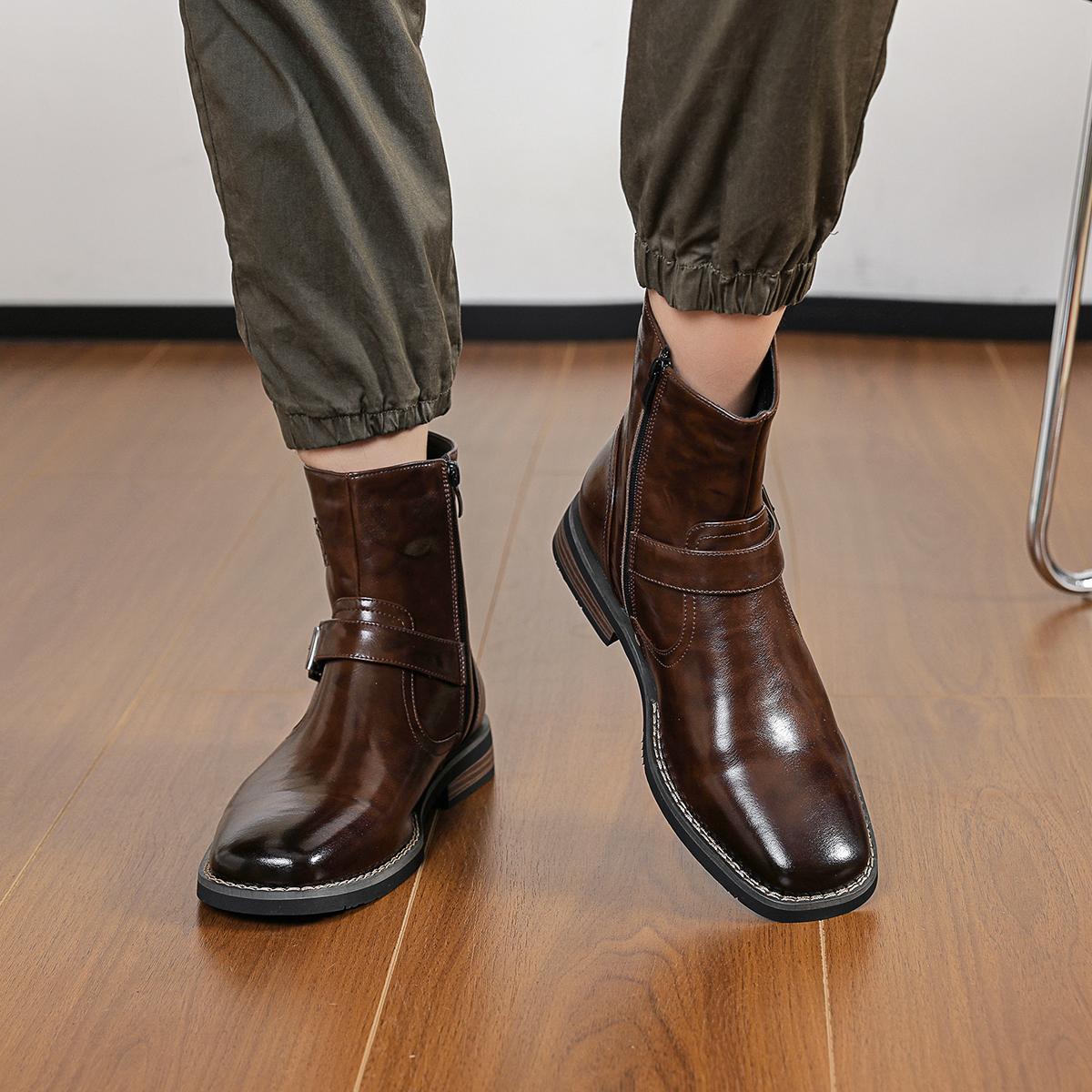 CYUW Men’s Retro Buckle Ankle Boots, Side Zipper Chelsea Boots, Everyday Casual Low-Heeled Dress Boots (Black/Brown)