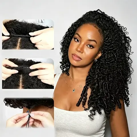 Female Afro Kinky 3-in-1 Half Wig for Black Women, 100% Human Hair, 180 Density, Glueless Drawstring Cap, Beginner Easy Ready-to-Wear Human Hair Half Wig
