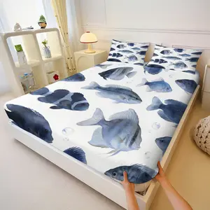 3pcs Blue Watercolor Fish Printed Fitted Sheet Set, Soft and Breathable Microfiber, Underwater Themed, Ideal for Bedroom and Guest Room
