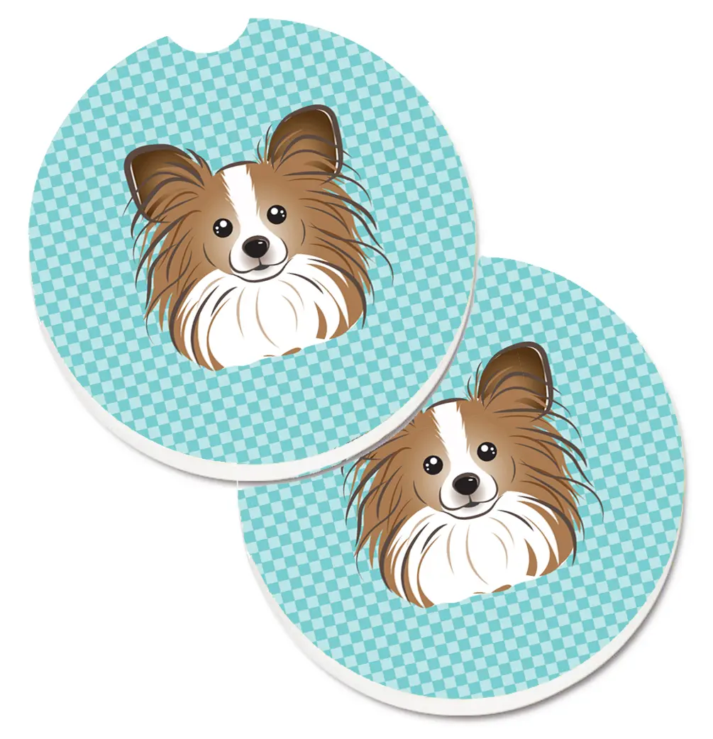 Checkerboard Blue Papillon Sandstone Car Coasters, Set of 2 Absorbent Sandstone Checkered Cup Holders, Cut Out for Easy Removal, Keeps Water From Making Mess