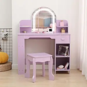 Vanity with Lighted Mirror & Stool, Little Girls Vanity with Adjustable LED Light, Bookshelf, Storage Drawer & Shelves