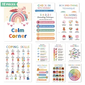 12-Piece Mental Health Posters Set, Calm Corner Inspirational Art, Learning Materials for Kindergarten Classrooms, Classroom Supplies Charts, Classroom Decoration, Children Emotion Regulation Wall Hangings