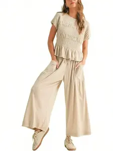 Women’s Summer Two-Piece Set – Top + Wide-Leg Pants, Soft Breathable Fabric, High-Waist Casual Style, Loose Fit with Pockets
