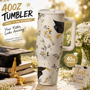1pc 40oz Stainless Steel Tumbler with Handle, Graduation Flowers Cap Print Travel Mug, Large Vacuum Insulated Cup for Coffee, Tea, Water, School & College Students, Perfect Graduation Gift for Friends, Family, Classmates, Keepsake Memory, Hot Cold Drinks,