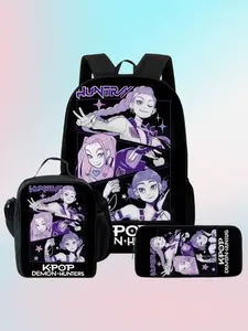 K-Pop Demon Hunters Lumi Print School Bag, 3 in 1 Backpack + Lunch Box + Pen Case, Stylish Design for Teens, Perfect Gift Idea