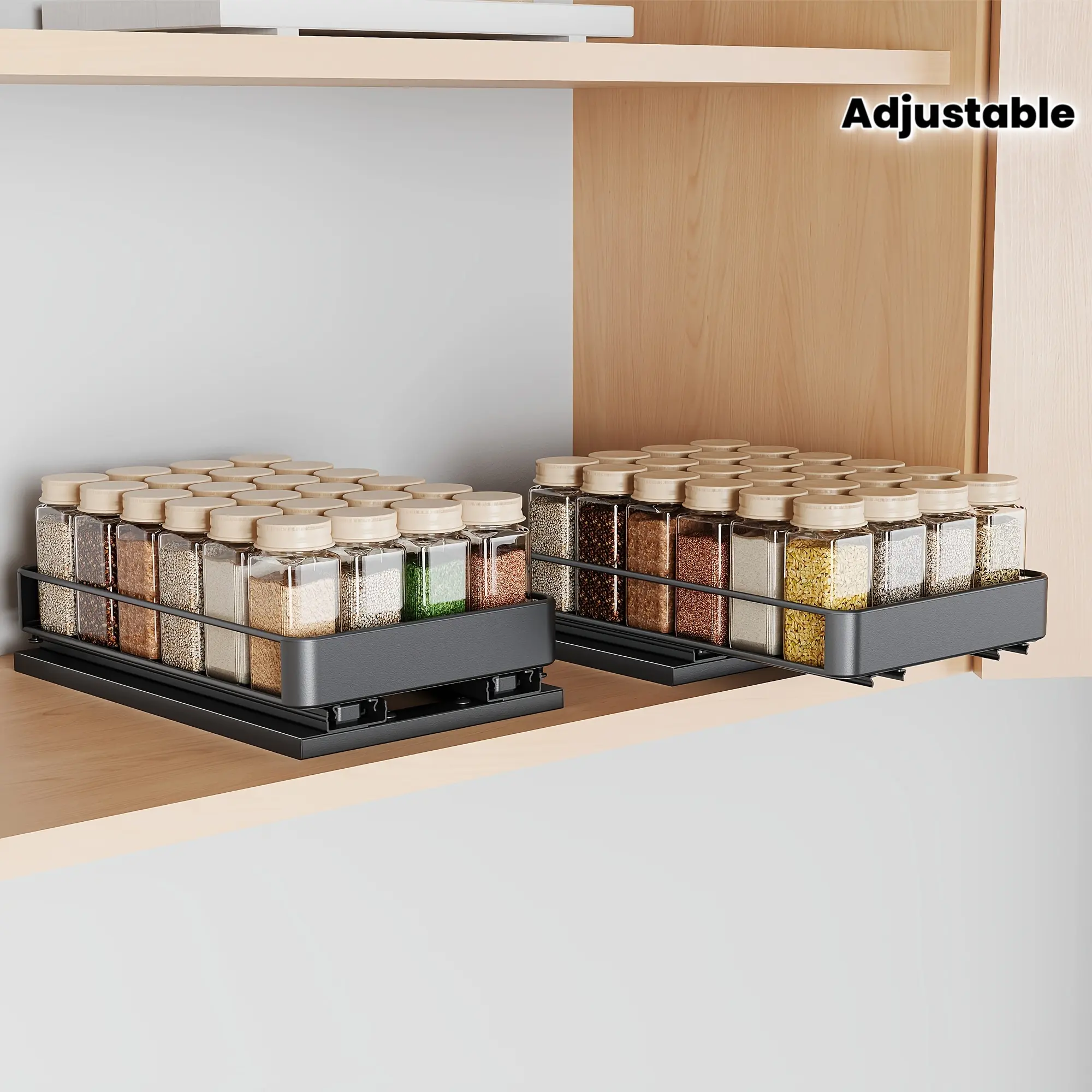2pcs Cabinet Pull Out Spice Rack, Rust Proof Under Cabinet Spice Bottle Stainless Steel Organizer, Adjustable L Shaped Spice Rack Storage Counter, Double Rail Spice Organizer, Sliding Design, Kitchen Accessories, Space Saving DesignDesign