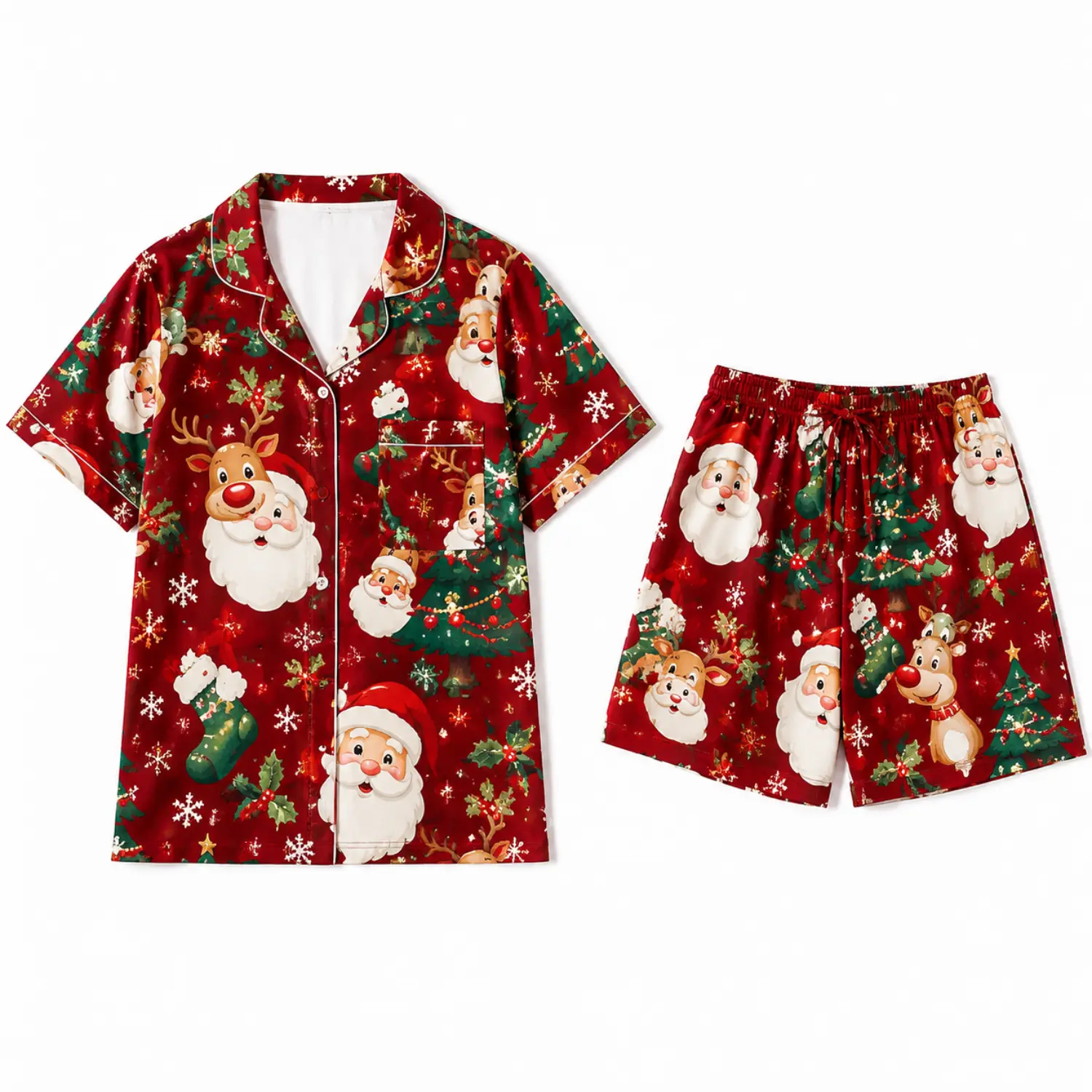 Christmas Santa Print Short Sleeve Button Front Pajama Set with Elastic Waist Shorts for Festive Holiday Sleepwear