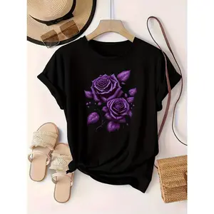 Purple Rose Printed European And American Fashion Round Neck Short Sleeve T-Shirt Women'S Pullover