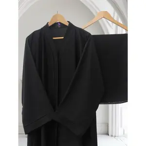 Ayeshas-Collection Black Open Front Button Down Abaya in Nida Fabric with Button Closure and Plain Design for Everyday Wear and Formal Events