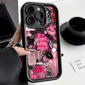 European And American Skull Lip Print Eye Collage Pattern TPU Case for iPhone 17 Pro Max 16 16e 15 14 Plus 13 12 Mini 11 Air X XS Straight Edge Drop-Resistant Rugged Durable Cover Shell Gift 2D printing