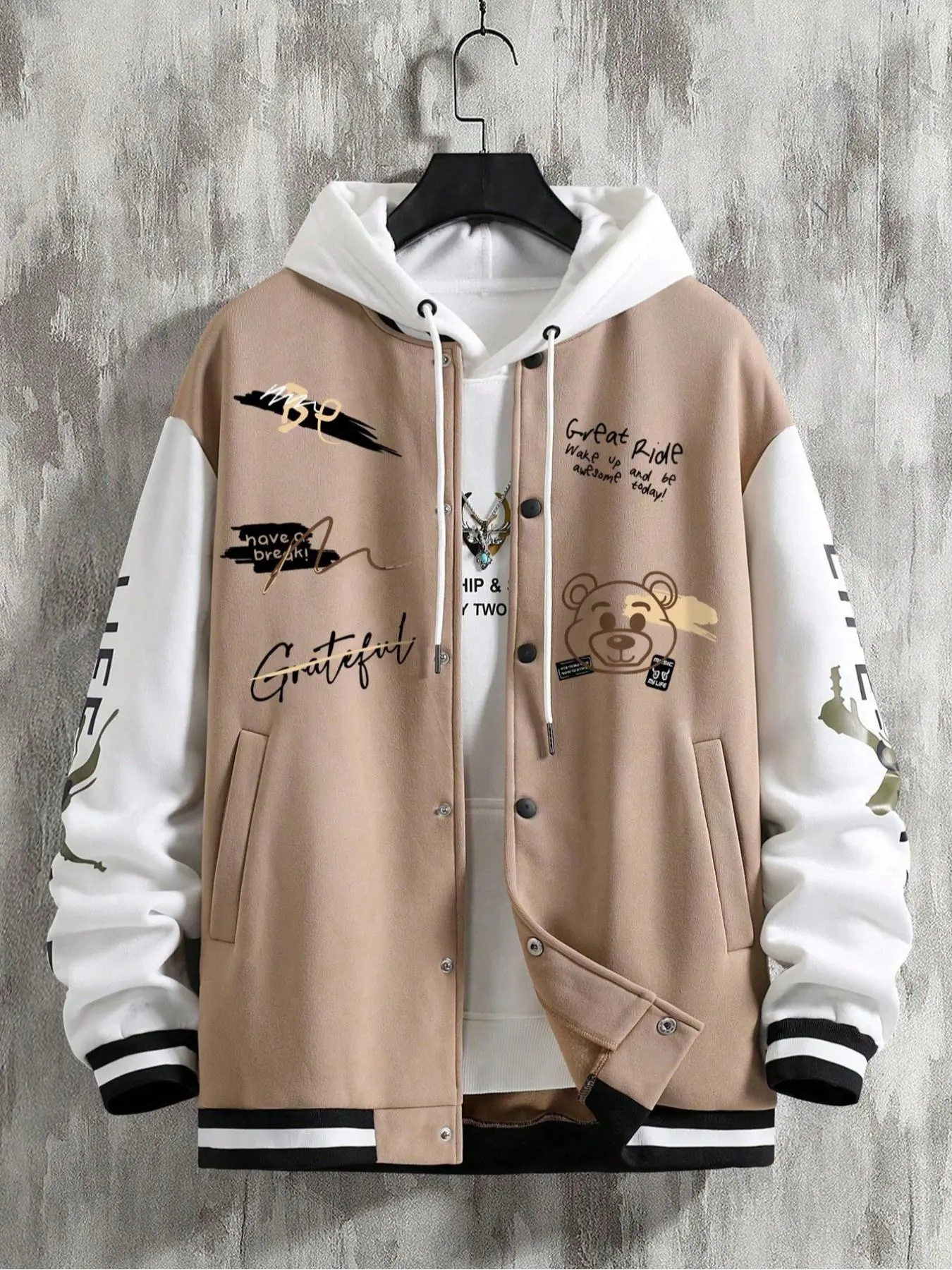 Men's Letter Print Baseball Collar Zip Up Jacket, Casual Regular Fit Preppy Style Long Sleeve Outerwear for Fall & Winter, Men's Clothes for Daily Wear, Coats