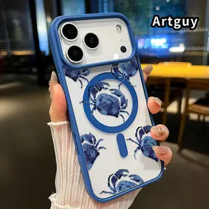 Magnetic Soft Case for iPhone 17 16  Pro Max Plus 15 14 13 12 11 Air E Blue Crab Pattern Anti-Yellowing Shockproof ultra-thin Silicone Crystal Transparent Acrylic Cover Supports Wireless Charging
