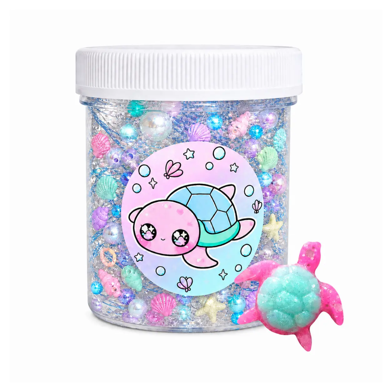 Save The Turtles Handmade Clear Slime – Thick & Glittery Clear Slime with Turtle, Net & Seashell Charms, Unscented Sensory Play for Ages 8+ – Hoshimi Slimes