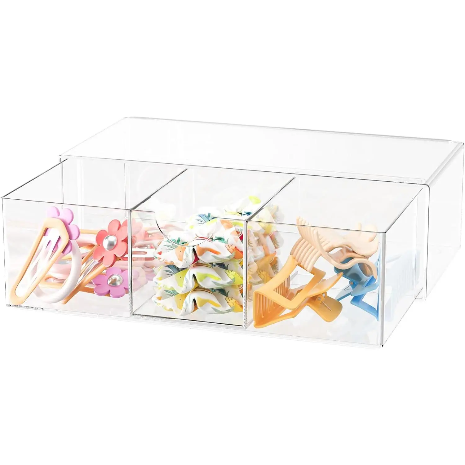 Hair Accessories Organizer for Girls, Clear Hair Bow Tie Clip Scrunchie Holder Organizer with Removable Divider, Cute Small Stackable Storage Drawer Container Caddy Box, Kids Women Vanity Accessories