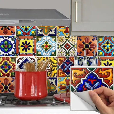24pcs 4x4in (10x10cm) Classic Flat Vinyl Adhesive Decorative Art Stickers, Mexican-Spanish Houndstooth Print Peel-and-Stick Tiles for Kitchen Backsplashes, DIY Sticker Decoration (Labor Day, 4th of July)