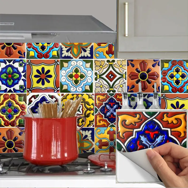 24pcs 4x4in (10x10cm) Classic Flat Vinyl Adhesive Decorative Art Stickers, Mexican-Spanish Houndstooth Print Peel-and-Stick Tiles for Kitchen Backsplashes, DIY Sticker Decoration (Labor Day, 4th of July)