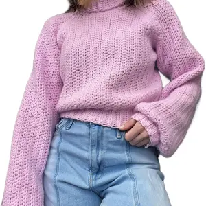 Crochet Handmade Ribbed Turtleneck Sweater in pastel Lilac/Pink for Women XS/S