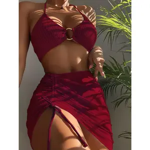 Summer Beach Swim Textured 3-Piece Bikini Set with Ring-Linked Triangle Bra Cheeky Bottom and Cover-Up Skirt Ideal for Women's Beachwear